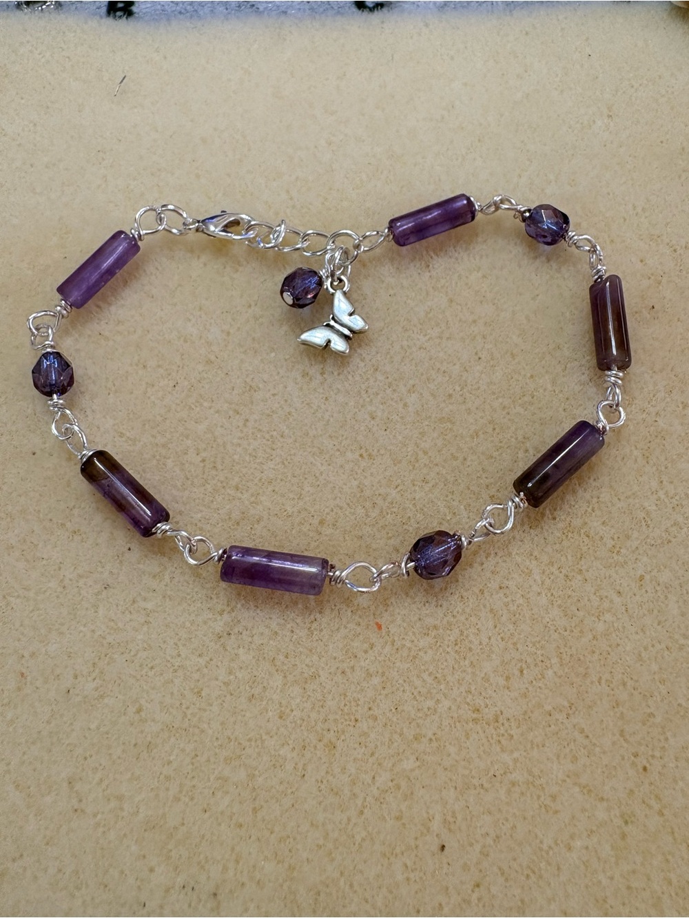 Amethyst  Beaded Bracelet with Butterfly Charm and Czech Glass purple beads.